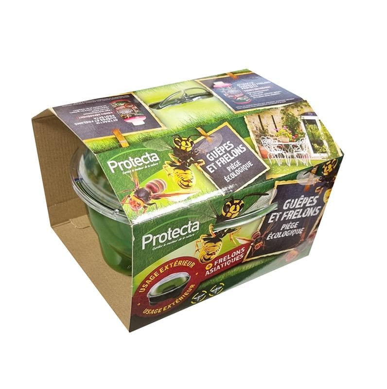 Boîte d'emballage du piège écologique PROTECTA pour guêpes et frelons, utilisable en extérieur pour protéger l'habitation.