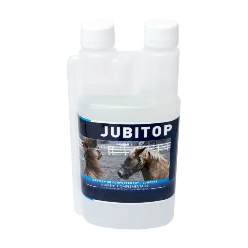 Flacon doseur transparent de 500 ml de supplément liquide Jubitop pour la gestion du comportement et des chaleurs de la jument.