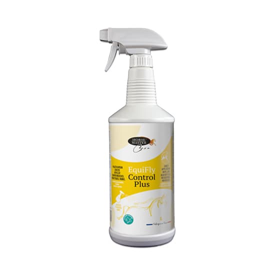 Flacon pulvérisateur blanc de 1 Litre de spray répulsif EquiFly Control Plus Horse Master pour chevaux et bétail.