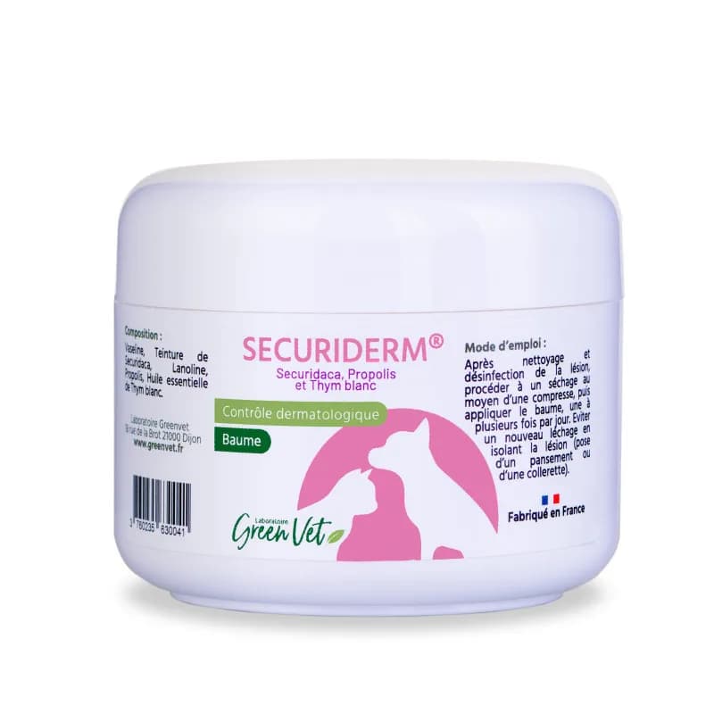Pot de SECURIDERM Baume 90 g GreenVet, soin cutané naturel au propolis et thym blanc pour chiens et chats.