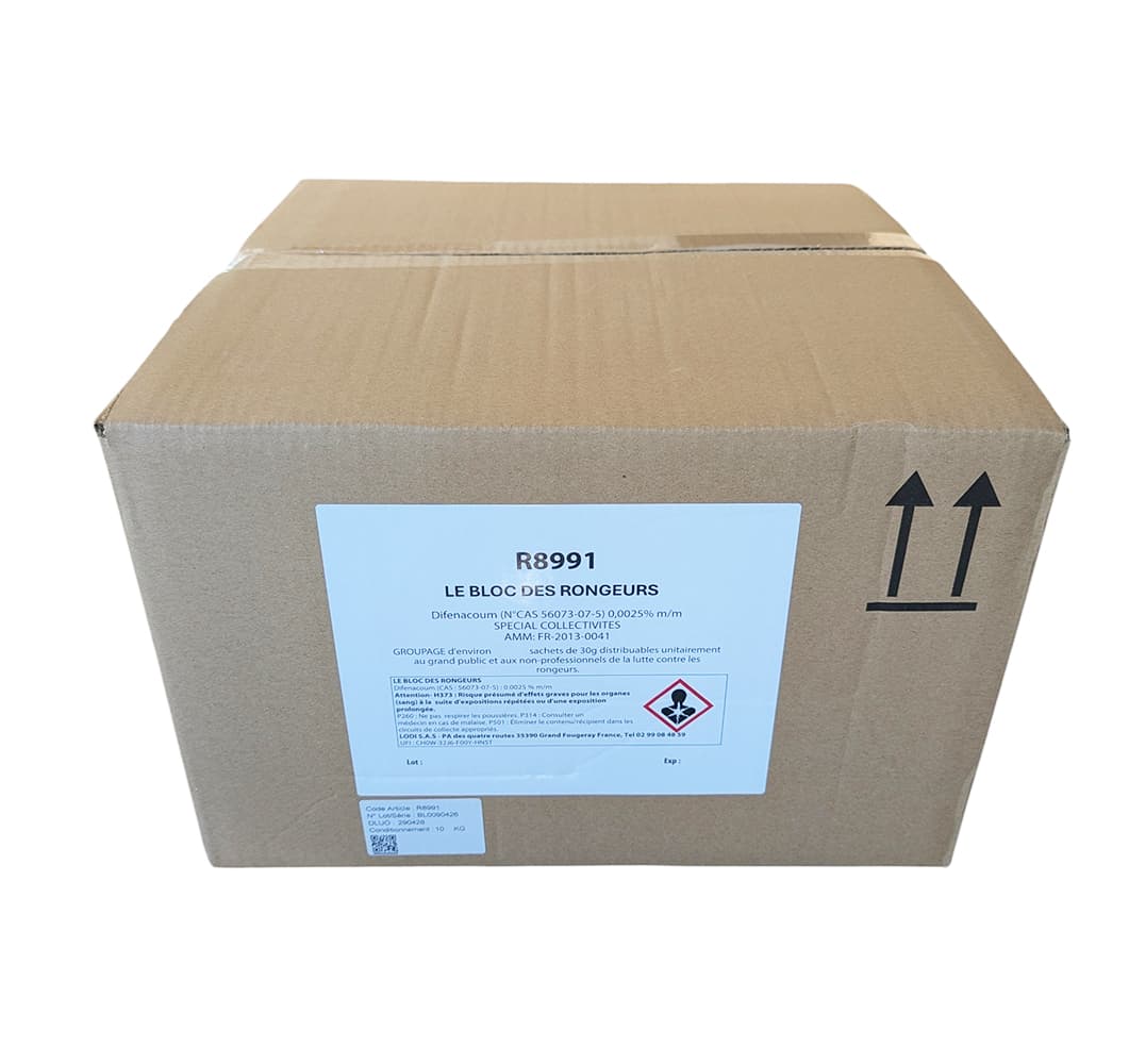 Carton de 10 kg Le Bloc des Rongeurs 25 PPM, spécial collectivités, contenant des blocs de 30 g au Difénacoum pour la lutte contre les rats et souris.