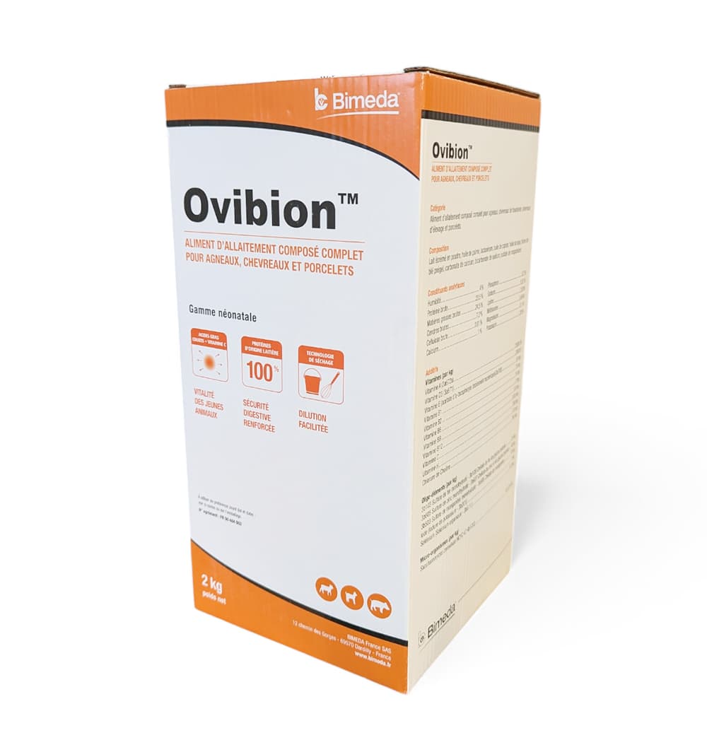 Boîte de 2 kg d'Ovibion Bimeda, aliment d'allaitement composé complet pour agneaux, chevreaux et porcelets avec sécurité digestive renforcée.