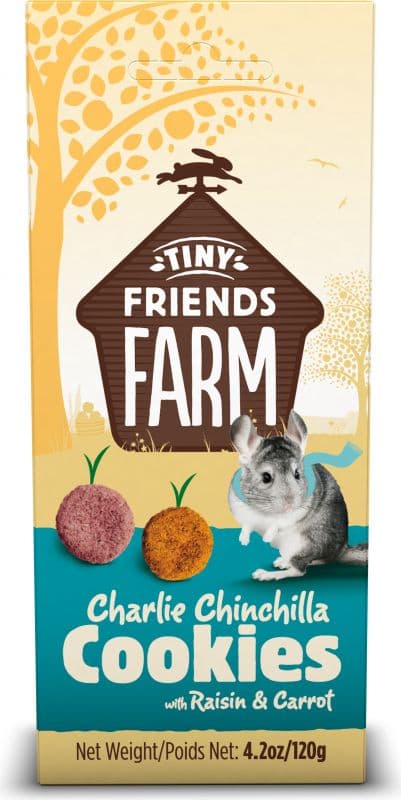 Boîte de 120g de biscuits friandises au raisin et carotte Tiny Friends Farm Charlie Chinchilla Cookies.