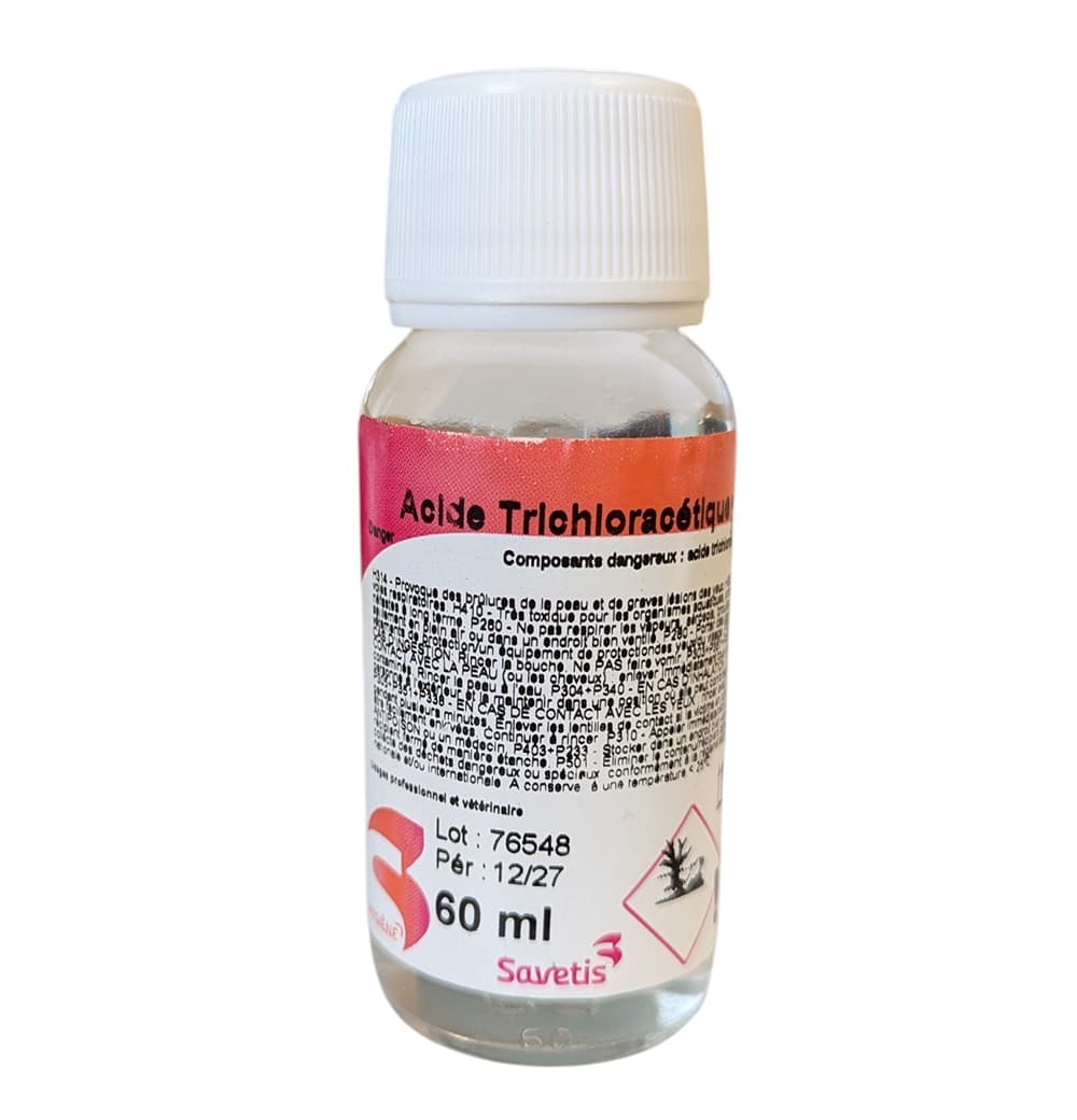 Flacon Acide Trichloracétique 30% solution 60ml cautérisation vétérinaire et verrues