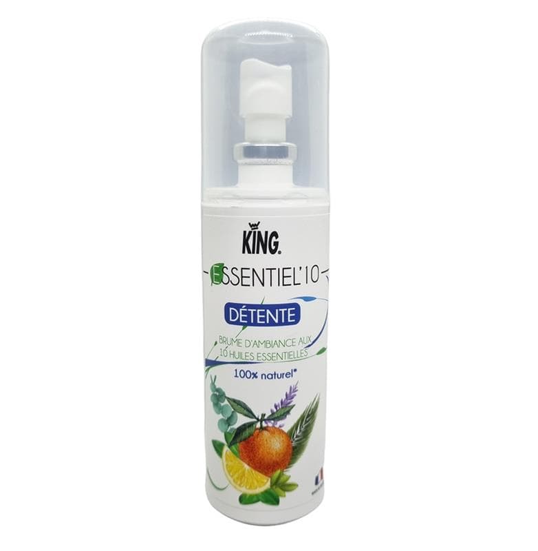 Flacon spray King Essentiel'10 Détente de 75 ml, brume d'ambiance 100% naturelle certifiée Ecocert, illustrée avec des agrumes et de la lavande.