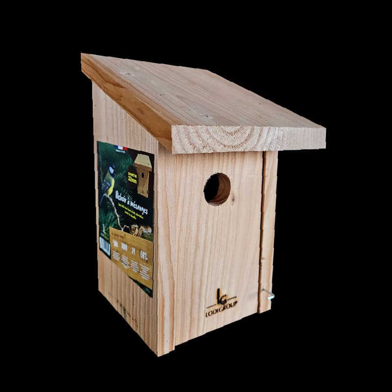 Nichoir à mésanges en bois clair Douglas avec toit incliné et ouverture circulaire de 32mm, fabriqué en France par LodiGroup.