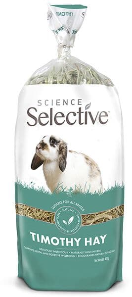 Sachet de 400 g de foin de phléole Supreme Science Selective Timothy Hay avec visuel de lapin bélier.