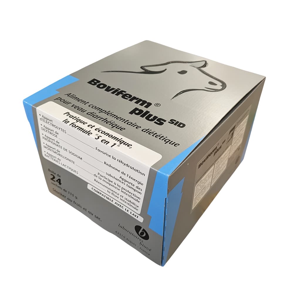 Boîte cubique grise et bleue de BOVIFERM® PLUS SID (24 sachets de 115g), aliment complémentaire diététique pour veau diarrhéique des laboratoires Biové.