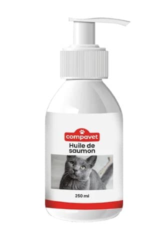 Flacon blanc de 250 ml d'Huile de Saumon Compavet pour chiens et chats avec pompe doseuse, riche en Oméga 3 pour le pelage et la santé.