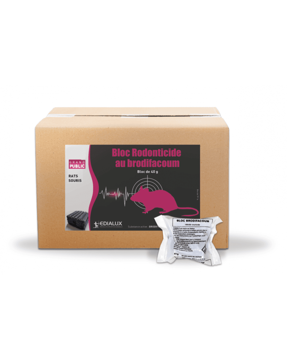 Carton de 10 kg de Blocs Rodonticides au Brodifacoum Edialux pour usage grand public et professionnel, incluant des sachets de 40g pour la lutte contre les rats et souris.