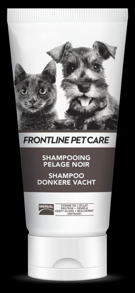 Tube de Frontline Pet Care Shampooing Pelage Noir 200 ml pour chiens et chats, soin nettoyant et raviveur d’éclat pour poils foncés.