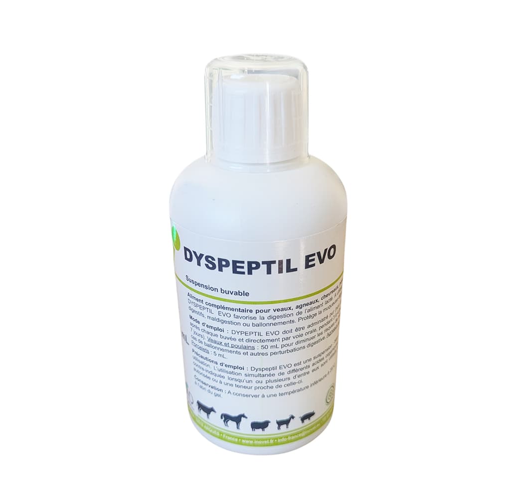 Flacon de 250 mL de Dyspeptil, solution buvable pour la digestion et la protection digestive des jeunes animaux d'élevage.