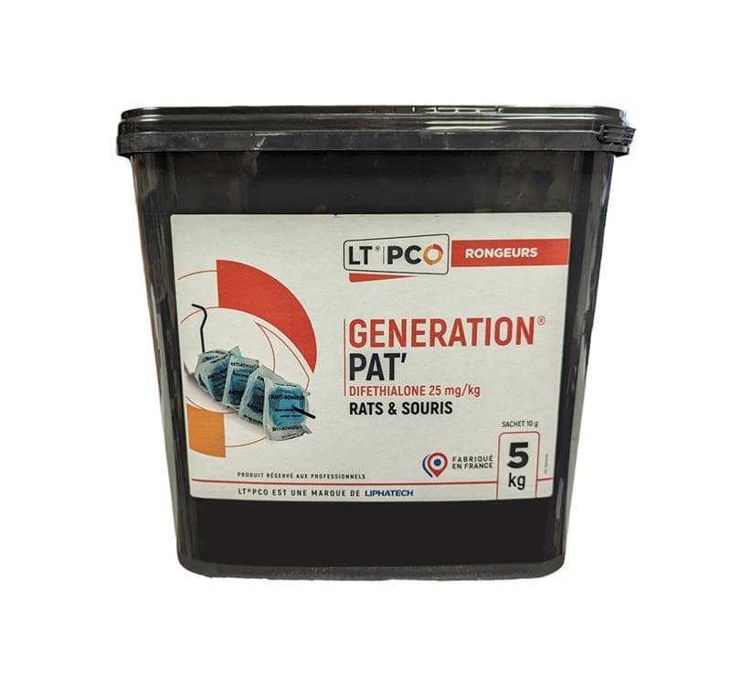 Seau de 5 kg de GENERATION PAT' de LIPHATECH, pâte raticide et souricide à la Diféthialone fabriquée en France.