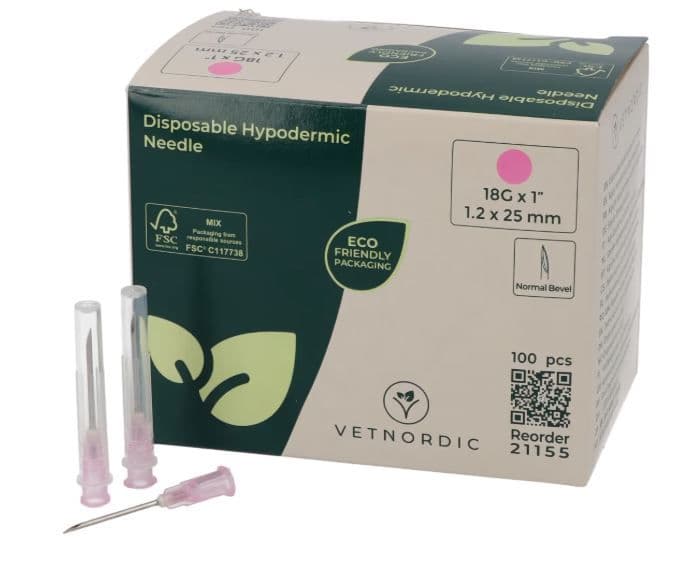 Boîte de 100 aiguilles hypodermiques VetNordic 18G Rose 25mm, biseau normal.
