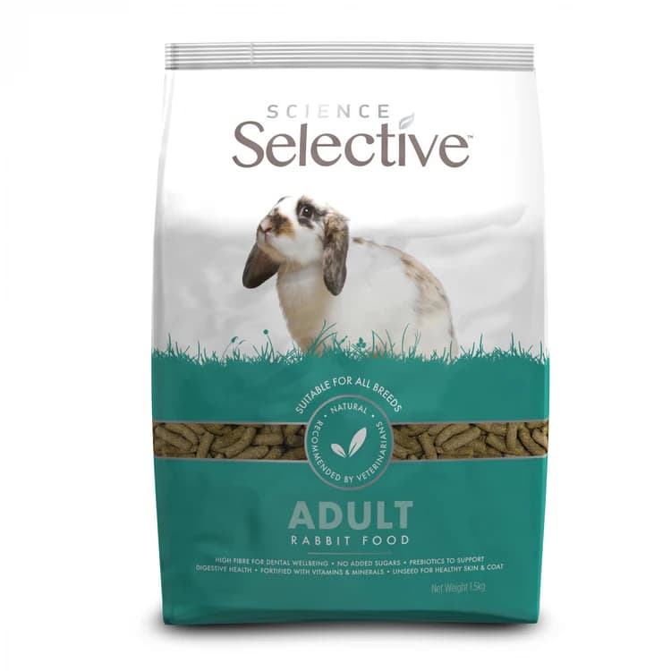 Sac élevage de 10 kg d'extrudés Supreme Science Selective Lapin Adult avec visuel de lapin bélier tacheté.