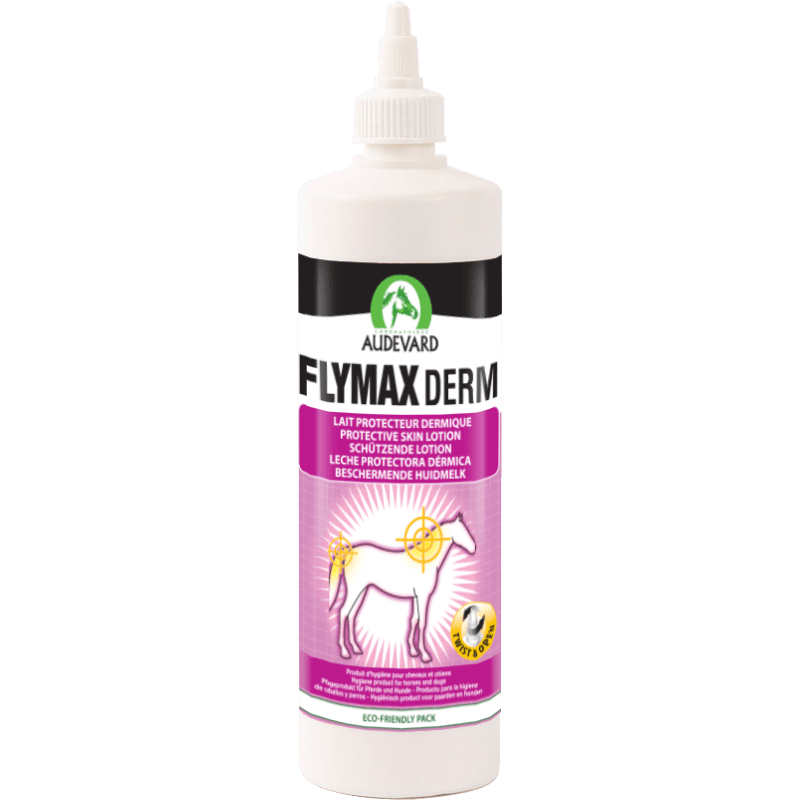 Flacon blanc de 500 ml de lait protecteur dermique Flymax Derm Audevard pour chevaux avec bouchon applicateur blanc.