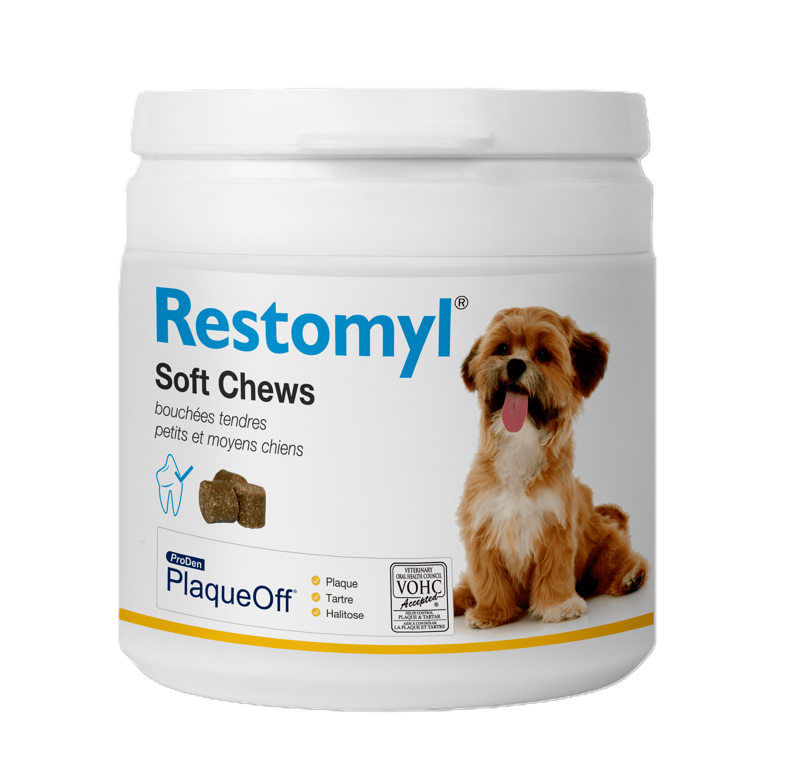 Pot de 120 bouchées tendres bucco-dentaires Restomyl PlaqueOff Soft Chews pour petit et moyen chien