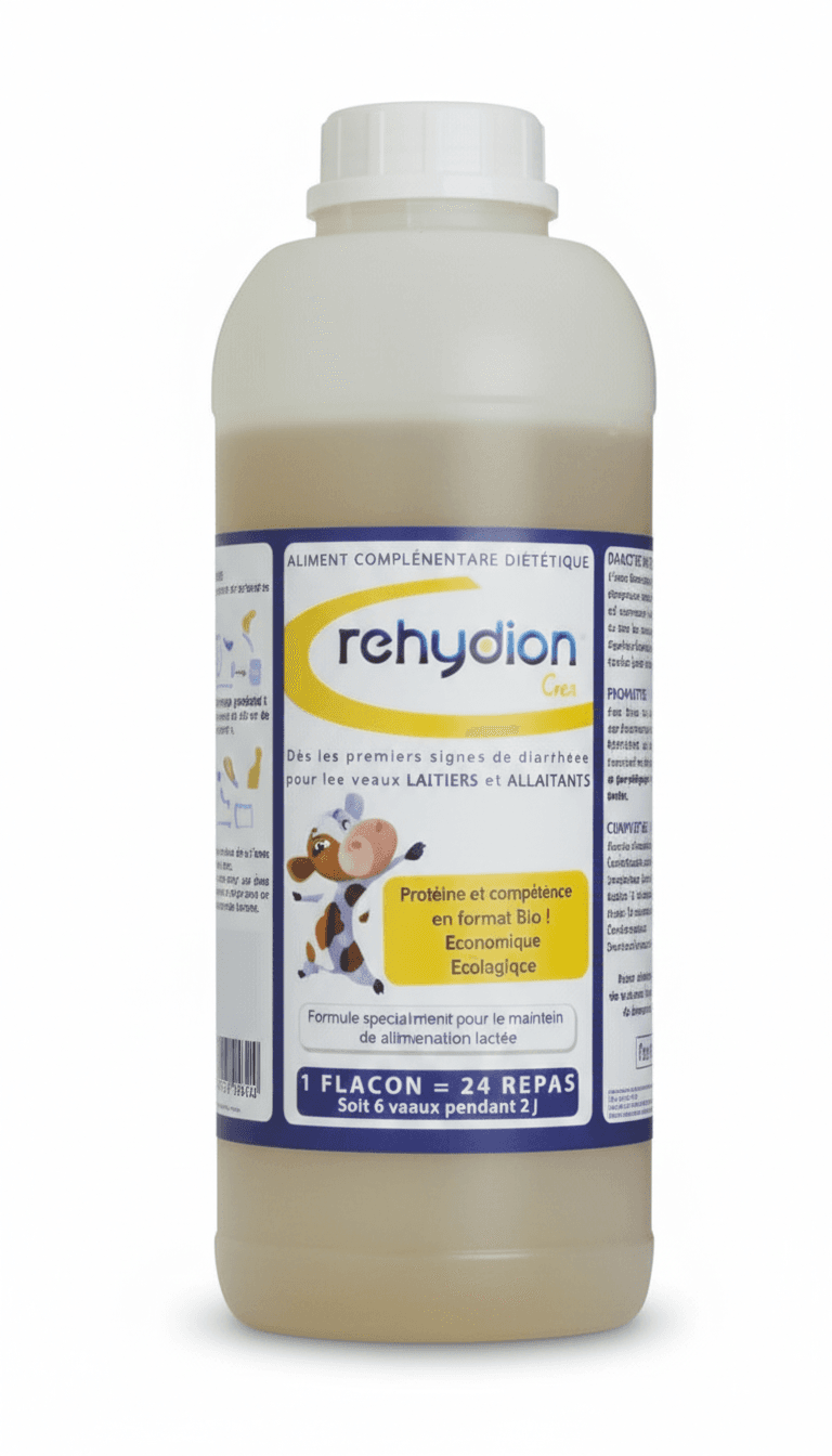 Flacon de 960 ml de Rehydion Gel par Ceva, solution électrolytique pour veaux permettant le maintien du lait en cas de diarrhée.