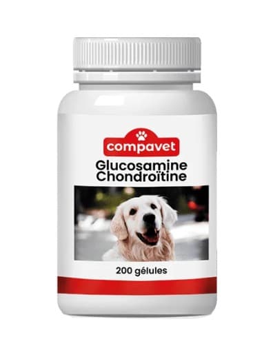 Flacon de 200 gélules de Glucosamine et Chondroïtine Compavet pour le soutien articulaire des chiens et des chats.