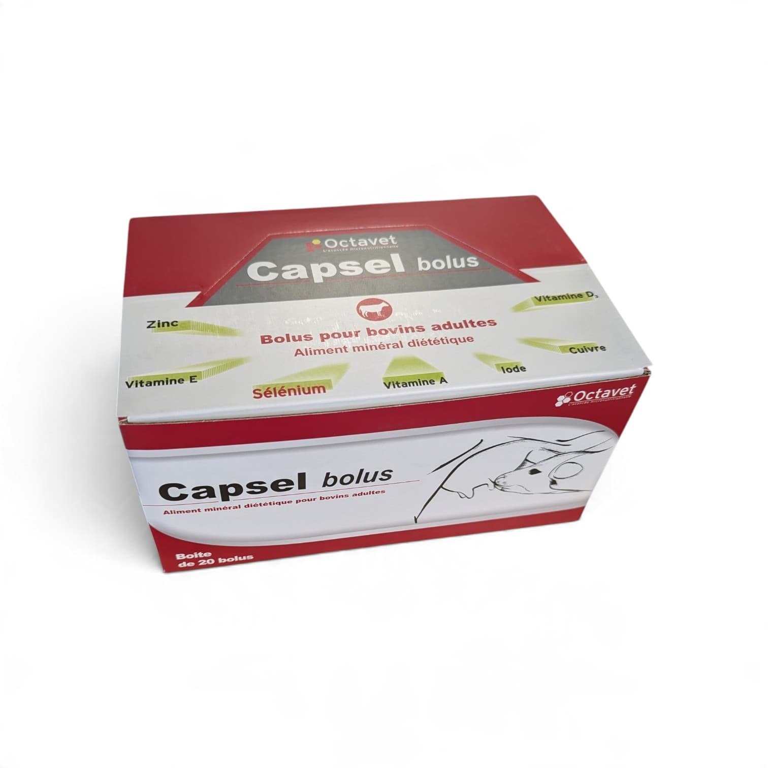 Boîte rouge et blanche de 20 bolus minéraux Capsel Bolus d'Octavet pour bovins adultes avec deux bolus de 70 g posés devant.