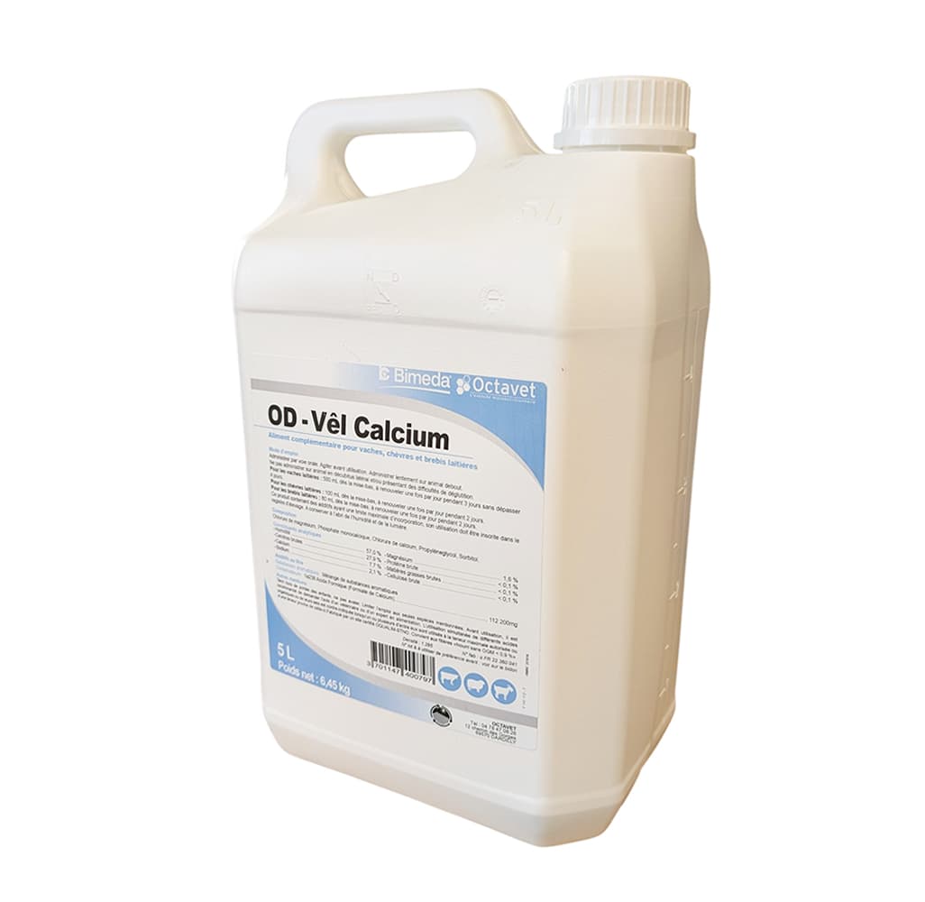 Bidon de 5L OD-Vêl Calcium Octavet, aliment complémentaire liquide pour vaches et chèvres.
