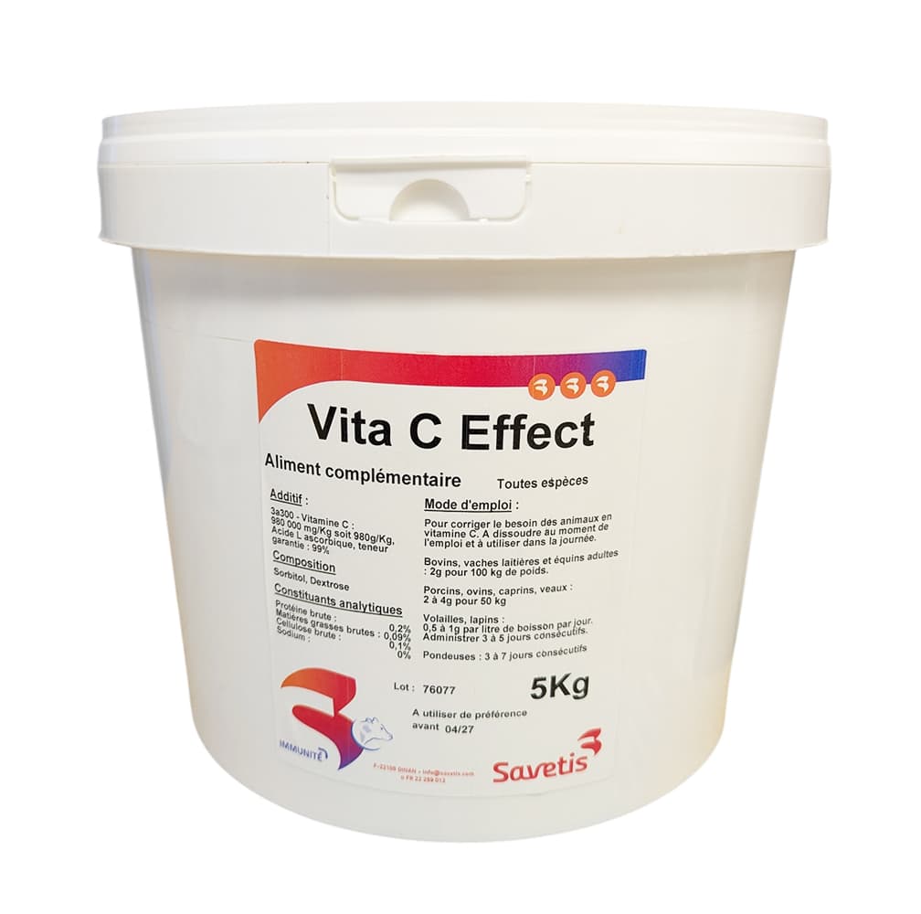 Vitamine C Effect Savetis 5 kg – complément antioxydant pour animaux d’élevage.