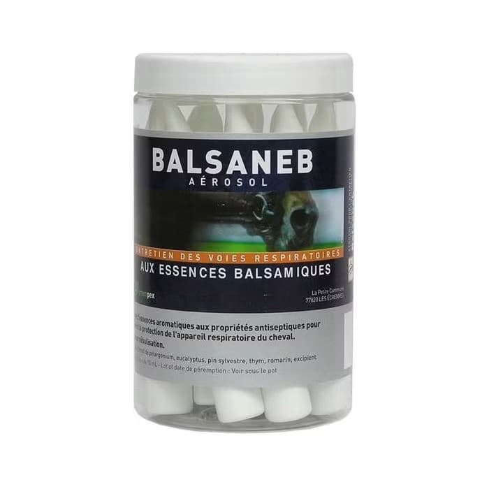 Pot transparent de 14 flacons unidoses de 10 ml de solution respiratoire Balsaneb Aérosol Greenpex pour cheval.