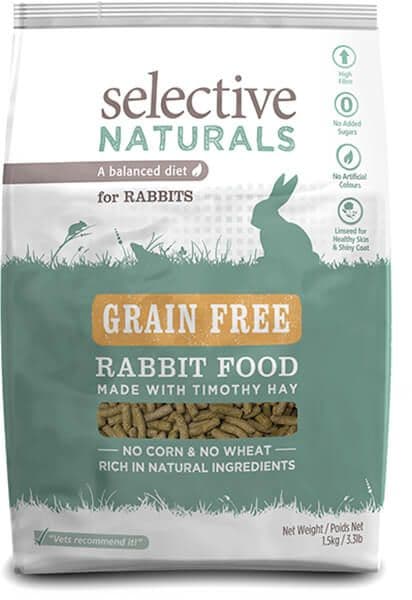 Sachet de 1,5 kg d'extrudés sans céréales Supreme Selective Naturals Lapin Grain Free avec silhouette de lapin.