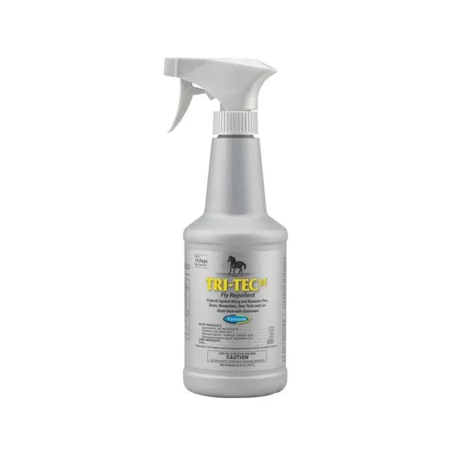 Flacon spray gris TRI-TEC 14 Farnam de 946 ml avec logo "Leak Proof", insecticide haute performance pour l'environnement du cheval.