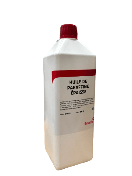 Flacon plastique carré blanc d'un litre d'Huile de Paraffine Épaisse avec bouchon rouge et étiquette descriptive Sovatis.