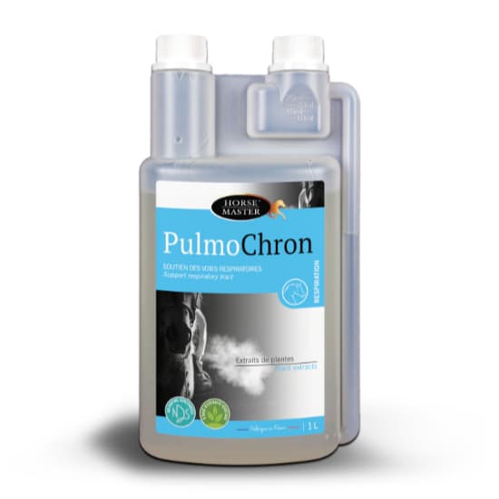 Flacon doseur transparent de solution liquide PulmoChron Horse Master pour le confort respiratoire du cheval.