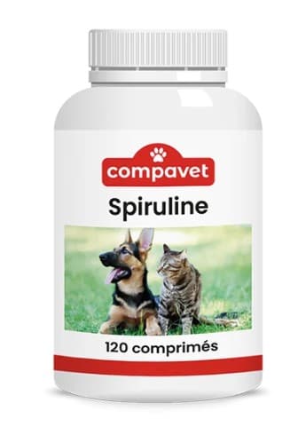 Flacon de 120 comprimés de Spiruline Compavet pour chiens et chats, 500mg par comprimé, complément vitalité et pelage.