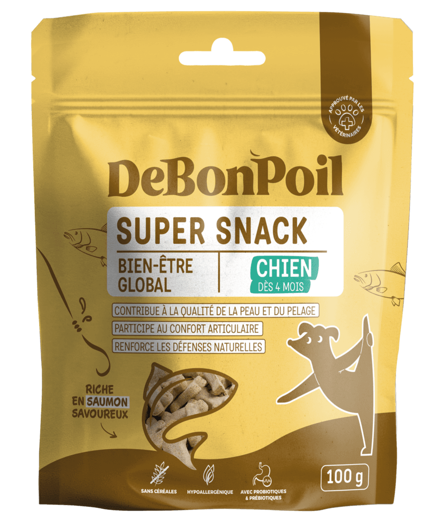 Sachet 100g DeBonPoil Super Snack Bien-être Global au saumon, sans céréales, pour la peau et les articulations du chien.