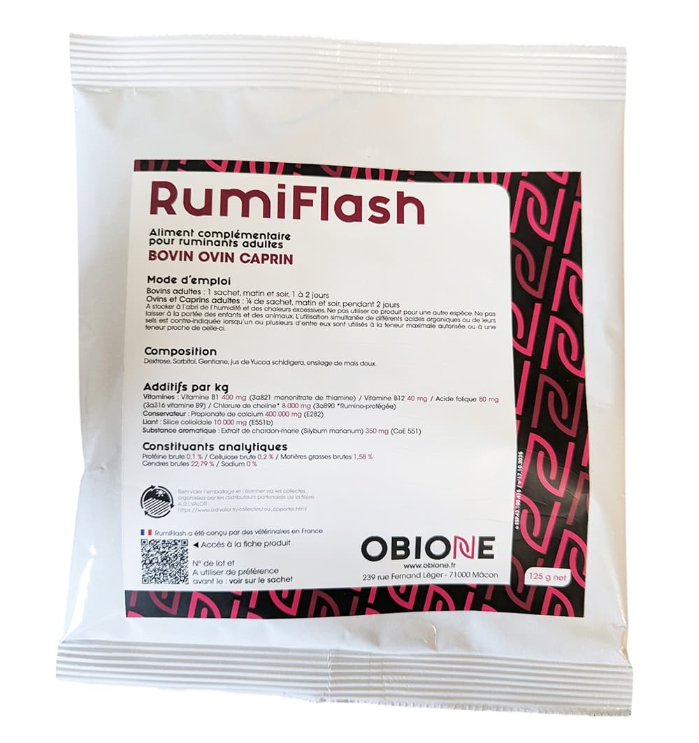 Sachet blanc de 125 g de RumiFlash par Obione, aliment complémentaire pour ruminants conçu pour relancer l'activité du rumen.