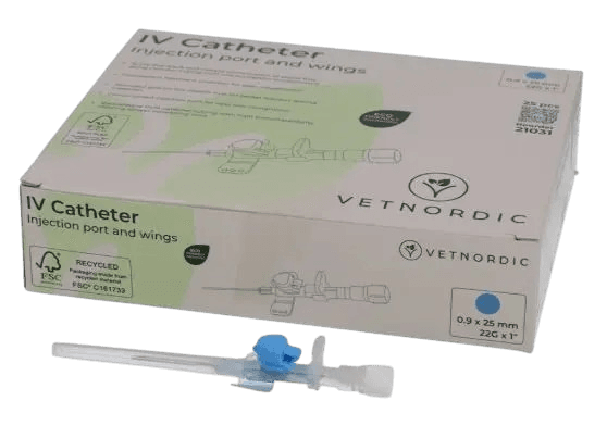Boîte de 25 cathéters IV bleus Vetnordic 22G avec port d'injection et ailes pour usage vétérinaire.