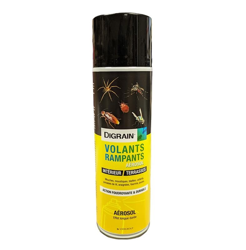 Aérosol 500ml Digrain Volants Rampants, insecticide professionnel pour intérieur et terrasses, action foudroyante et durable.