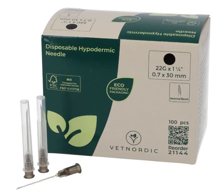 Boîte de 100 aiguilles hypodermiques VetNordic 22G Noire 30mm, pour injections fines et prélèvements.