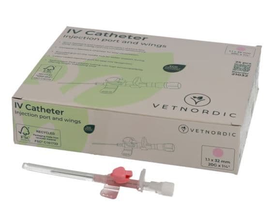 Boîte de 25 cathéters IV roses Vetnordic 20G avec port d'injection et ailes de fixation pour usage vétérinaire.