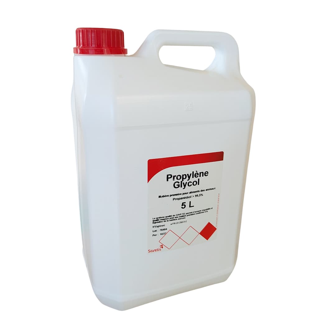 Bidon de 5 litres de Propylène Glycol SAVETIS, matière première pour l'alimentation animale à haute teneur en Propanédiol.