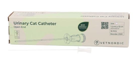 Boîte de 10 cathéters urinaires blancs Vetnordic 4Fr pour chat, extrémité ouverte, 13 cm de long, avec emballage éco-responsable.
