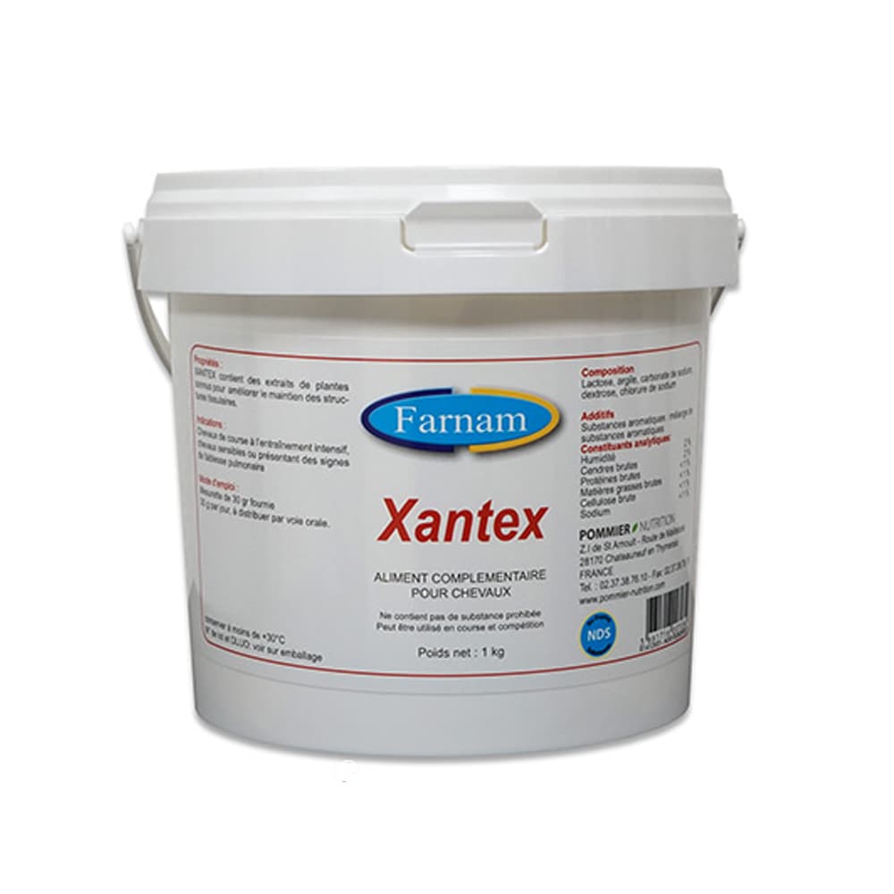 Seau blanc de 1 kg de poudre Xantex Farnam Pommier Nutrition pour le confort respiratoire du cheval.