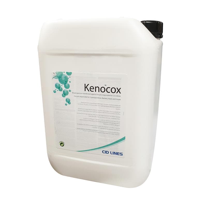 Bidon de 10 Litres de désinfectant de bâtiment d'élevage Kenocox CID LINES blanc et vert.
