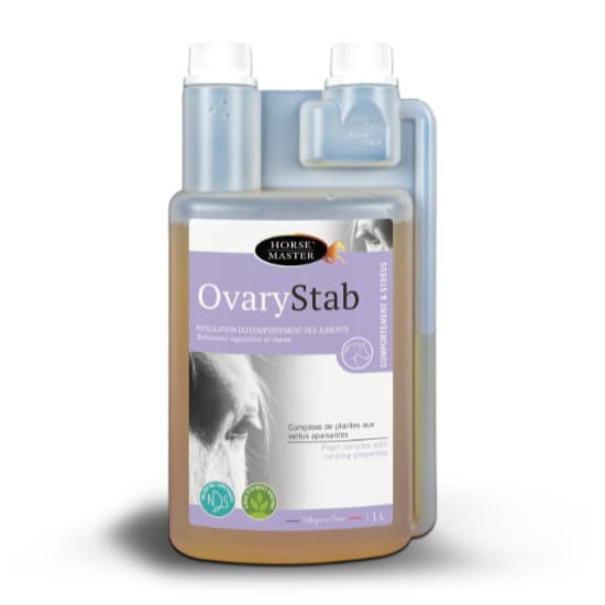 Flacon doseur transparent de 1 Litre de solution liquide Ovary Stab Horse Master pour réguler le comportement des juments.