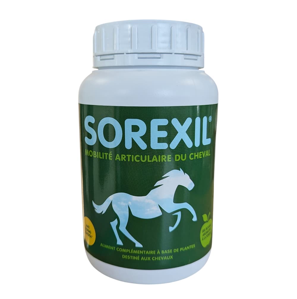 Pot blanc de 1 kg de SOREXIL Gel pour la mobilité articulaire du cheval, avec un visuel de cheval blanc sur fond vert.
