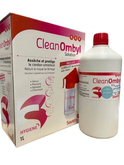 CleanOmbyl 1 L Savetis avec gobelet anti-retour – solution désinfectante et asséchante pour le cordon ombilical des veaux, agneaux et chevreaux.