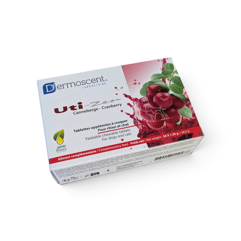 Boîte Dermoscent Uti-Zen 30 tablettes canneberge confort urinaire chien chat.