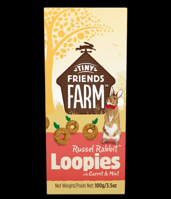Boite de 100g d'anneaux croquants a la carotte et menthe Tiny Friends Farm Russel Rabbit Loopies.