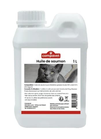 Bidon de 1 litre d'Huile de Saumon Compavet pour chiens et chats, riche en Oméga 3 pour la brillance du pelage et la santé cardio-vasculaire.