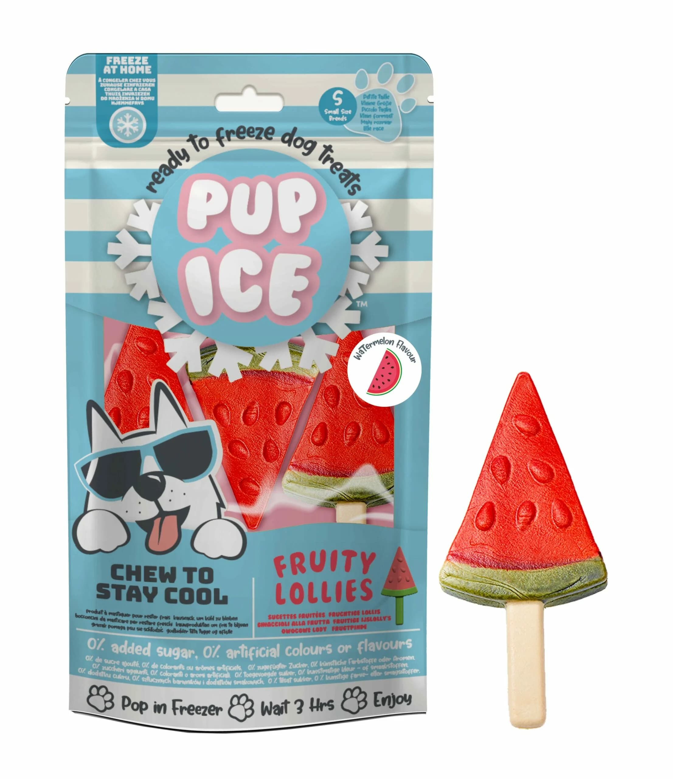 Sachet bleu ciel de 3 glaces à la pastèque Pup Ice Fruity Lollies pour rafraîchir le chien.