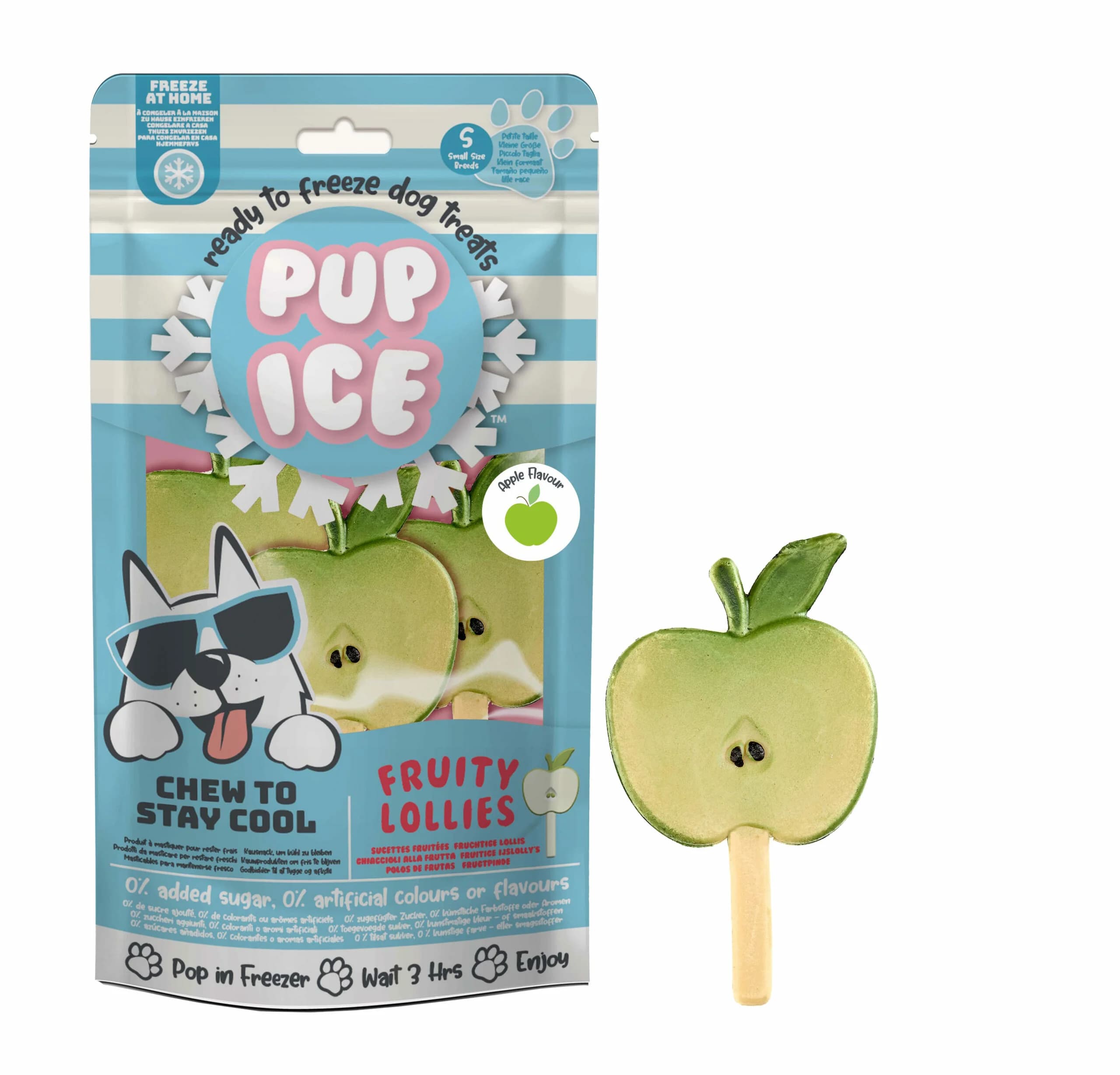 Sachet bleu ciel de 3 glaces à la pomme verte Pup Ice Fruity Lollies pour rafraîchir le chien.